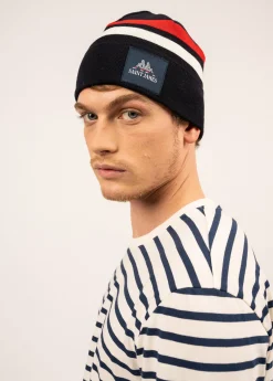 SAINT JAMES Bonnets & Chapeaux*Bonnet à rayures contrastées en laine Kop Navy/ecume/tulipe