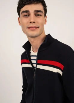 SAINT JAMES Pulls & Gilets*Gilet zippé en laine Conquérants Navy/ecume/tulipe