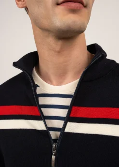 SAINT JAMES Pulls & Gilets*Gilet zippé en laine Conquérants Navy/ecume/tulipe