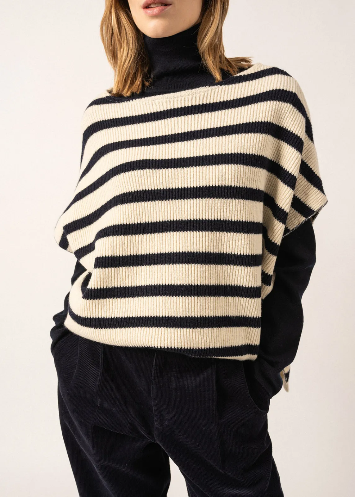 SAINT JAMES Pulls & Gilets*Poncho en laine rayé Ecume/navy