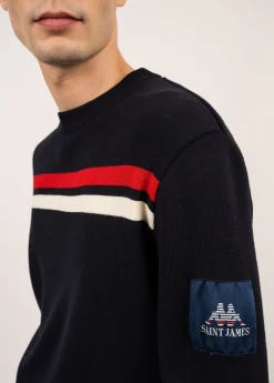 SAINT JAMES Pulls & Gilets*Pull à rayures placées en laine Malherbe Navy/ecume/tulipe