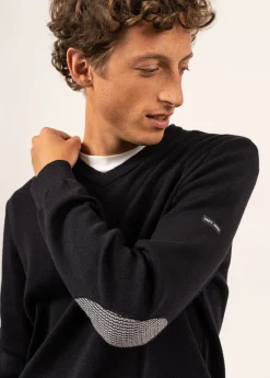 SAINT JAMES Pulls & Gilets*Pull col V Cuirassé à coudières Navy/perlechine