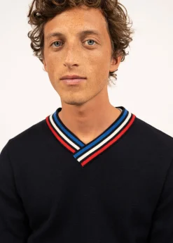 SAINT JAMES Pulls Marins*Pull en laine à col V contrasté Navy