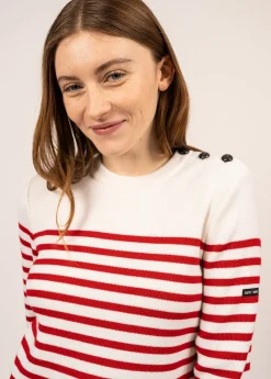 SAINT JAMES Pulls Marins*Pull marin rayé Rochefort Ecume/rouge