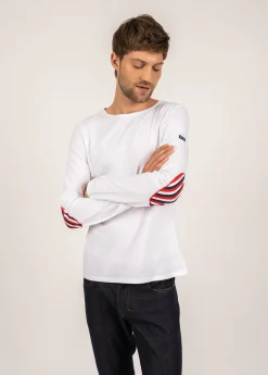 SAINT JAMES T-shirts & Polos*T-shirt manches longues à coudières rayées Neige/neige/marine/tulipe